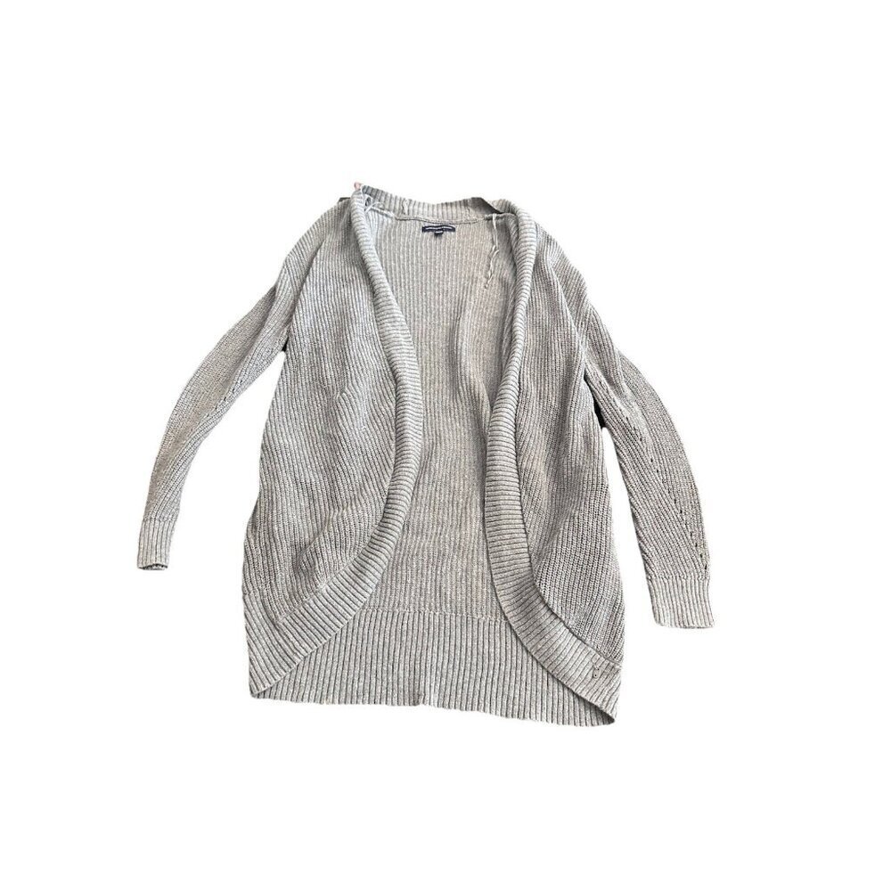 American Eagle Women's Sm Gray Ribbed Knit Long Sleeve Cardigan Sweater Pockets